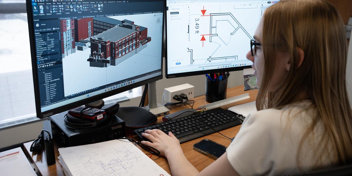 Olivia Miller compares Autodesk renderings with campus mapping data to help verify facility information.