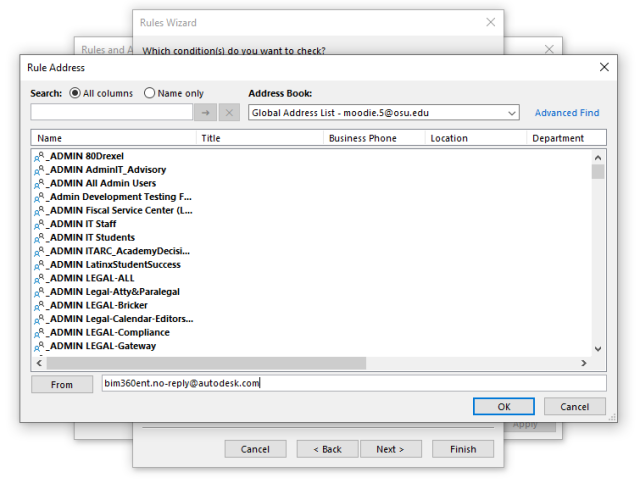 Rule Address dialog with bim360ent.no-reply@autodesk.com entered in the From field.