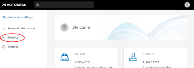 Autodesk profile and settings page showing the Security link on the left sidebar.
