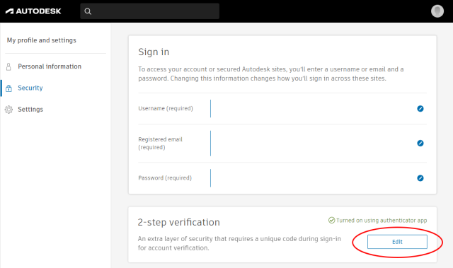 Autodesk profile and settings security page showing the Edit button under 2-step verification.