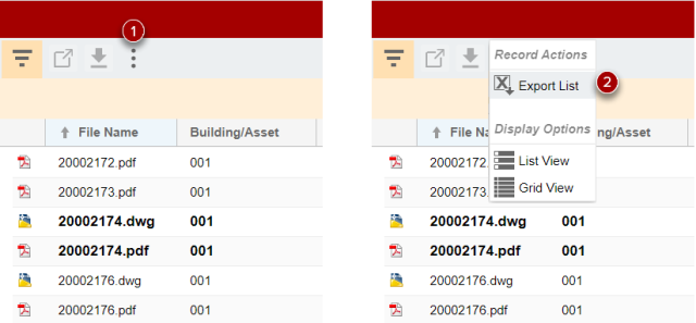 3 dots icon above search results shows more options. Select Export List to download Excel spreadsheet of results.
