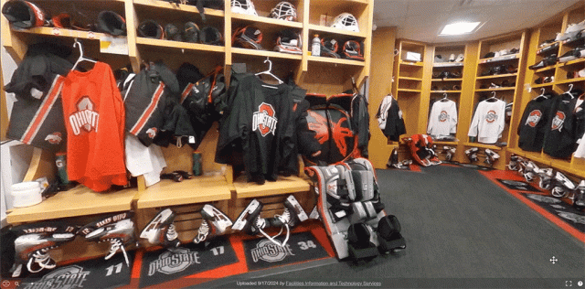 A view of the locker room as the image is panned left and right.