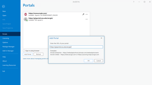 The ArcGIS Pro settings page. The portal settings with the new portal connection pop-up. 