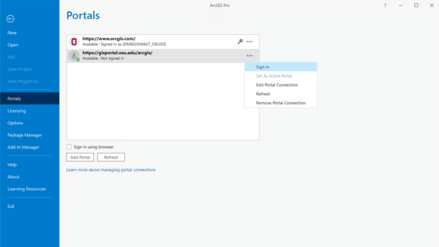 The ArcGIS Pro settings page. The portal settings with the options pop-up open. 