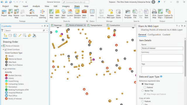 An ArcGIS Pro Project that displays the geoprocessing tool for "Share as a Web Layer".