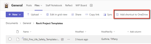 The "Add shortcut to OneDrive" button from the Teams Files page