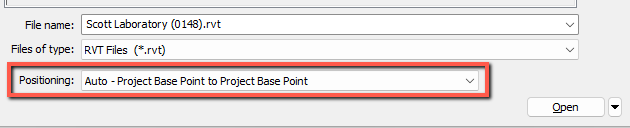 The link Revit positioning dialog showing the Auto - Project Base Point to Project Base Point option selected