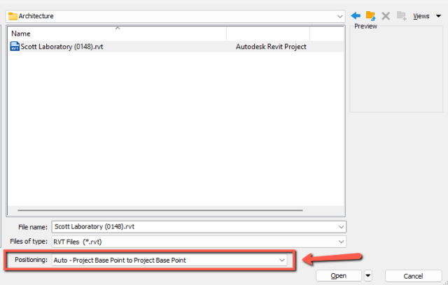 Insert Revit dialog showing the positioning option for Project Base Point to Project Base Point