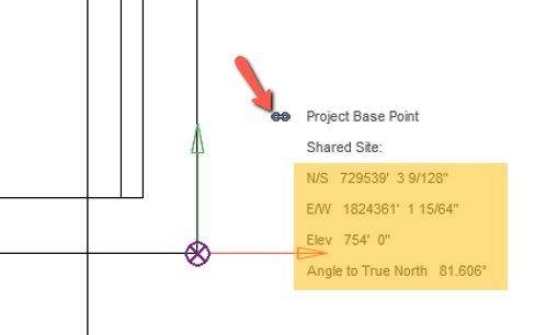 Project base point showing link symbol and coordinate data