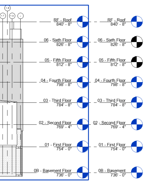 Elevation view with active model levels matching linked model levels