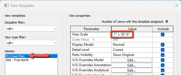 View Template dialog with FLS Host Plan template selected and View Scale Value to edit highlighted