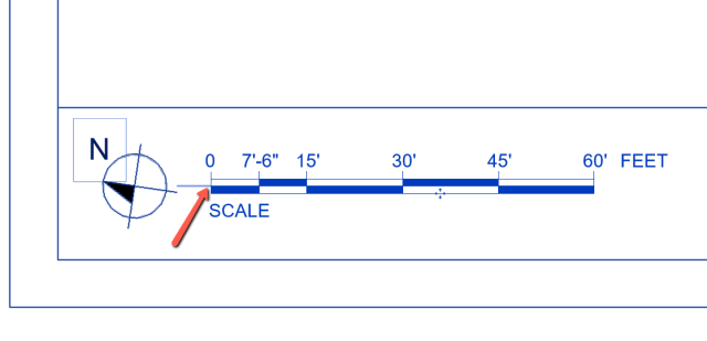 A graphic scale with an arrow pointing to the insertion point near the north arrow