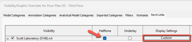 The Visibility/Graphics dialog box showing the linked model set to Halftone and the Display Settings set to Custom