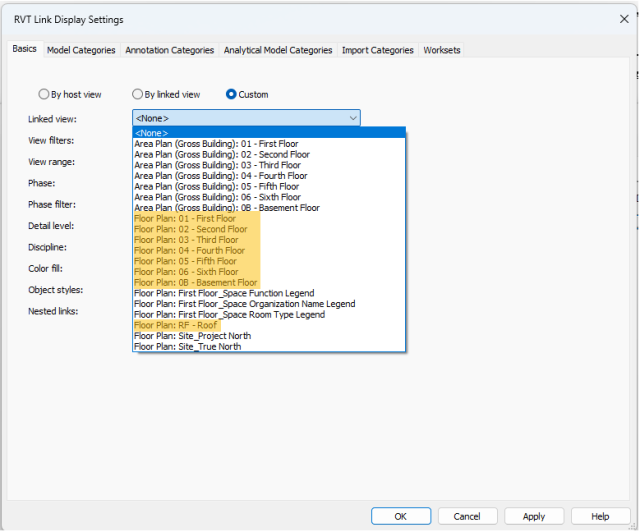 The RVT Link Display Settings dialog box showing the Floor Plan views for each level highlighted