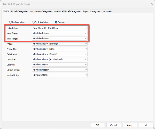 The RVT Link Display Settings dialog box showing custom settings with a linked view overriding the View Filters and View Range.