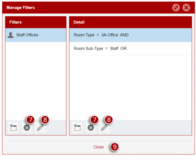 Location of Remove and Edit icon in both the Filters and Detail pane