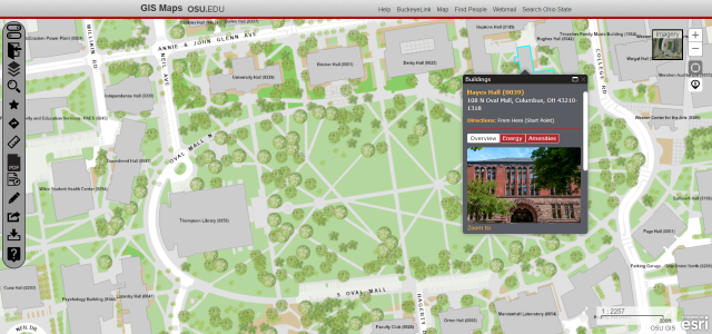 An overview image of the GIS Maps interface. Pop-out of Hayes Hall is visible.