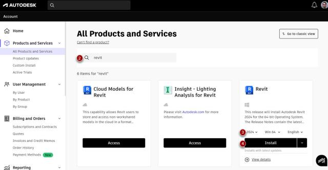 Autodesk Products and Services page search for Revit with 2024 version selected.