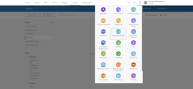 ArcGIS Online's main content page with the application menu expanded. Highlighting Experience Builder in the list.