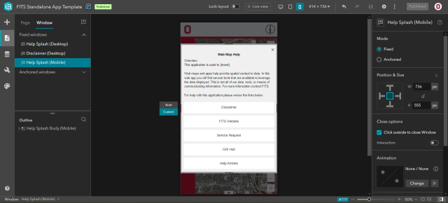 An Experience Builder application with the mobile help splash information displayed and editable.