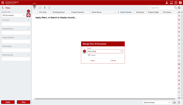 Window showing 1. Filters icon, 2. Gear icon, 3. Entering name for a new view.