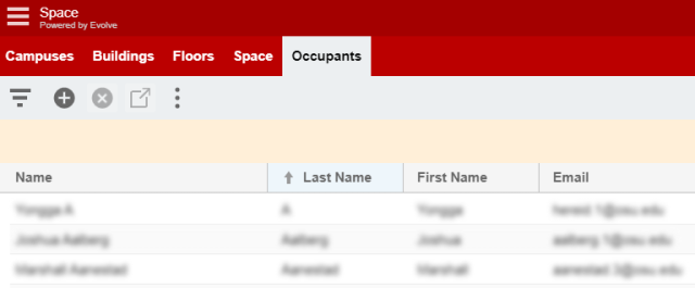 A view of the Occupants tab in the Space Grid