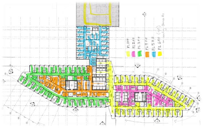 An example of a room number plan with different sections highlighted different colors.