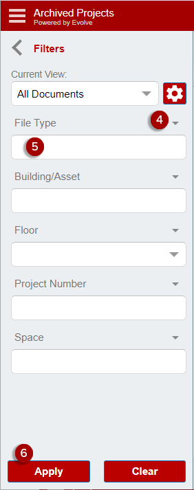 A set of steps to filter Archive documents in the data grid.