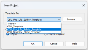 The New Project template file dialog with the Fire Life Safety template highlighted