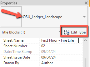 Properties box for the title block with the Edit Type button highlighted