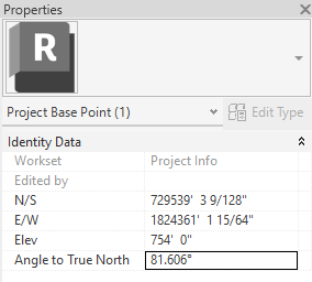 The Properties box for the Project Base Point with the Angle to True North field activated