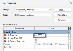 Type Properties dialog for title block highlighting the North Rotation field