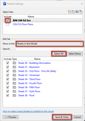 The Publish Settings dialog box with the BIM 360 FLS Set selected and all Sheets in the Model checked