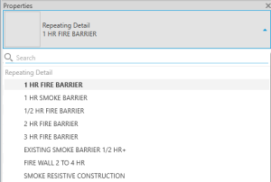 The Properties with the list of fire ratings available for Repeating Detail Components