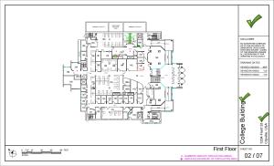 Floor plan on a title block with green check marks indicating the genericized identifying information 