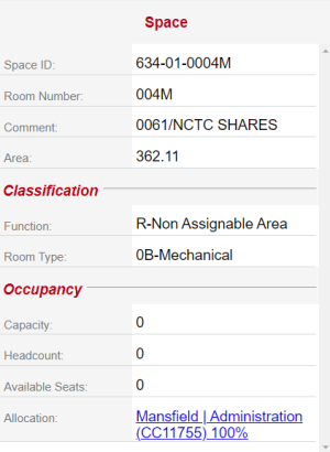 Information tab displaying room number, size, and use information.