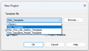 The New Project template file dialog with several options in the pull-down menu