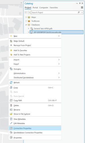 ArcGIS Pro catalog with a pop-up window showing the options for actions on the database. Highlighting the connection properties button.