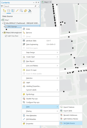 ArcGIS Pro contents with a pop-up window showing the options for actions on the layer. Highlighting the sources button.