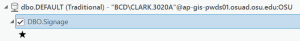 A screenshot of a layer named signage with a file path to a connection string. 